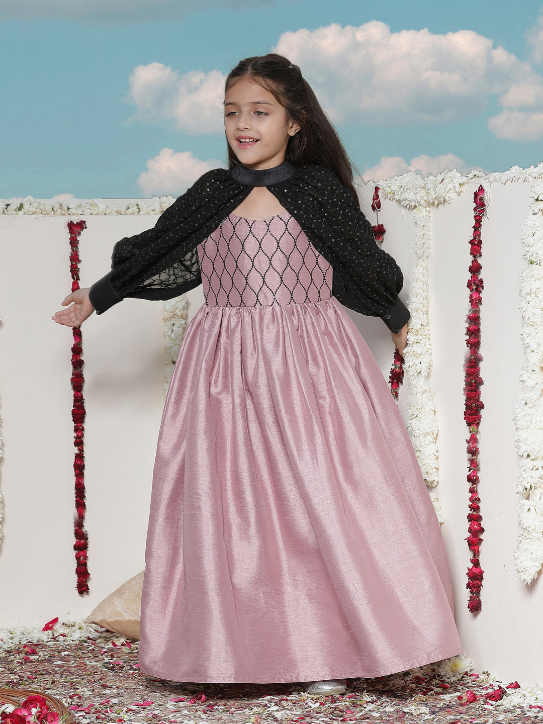 Girl's' Pink Sequinced Long Dress With Detachable Cuff Sleeves