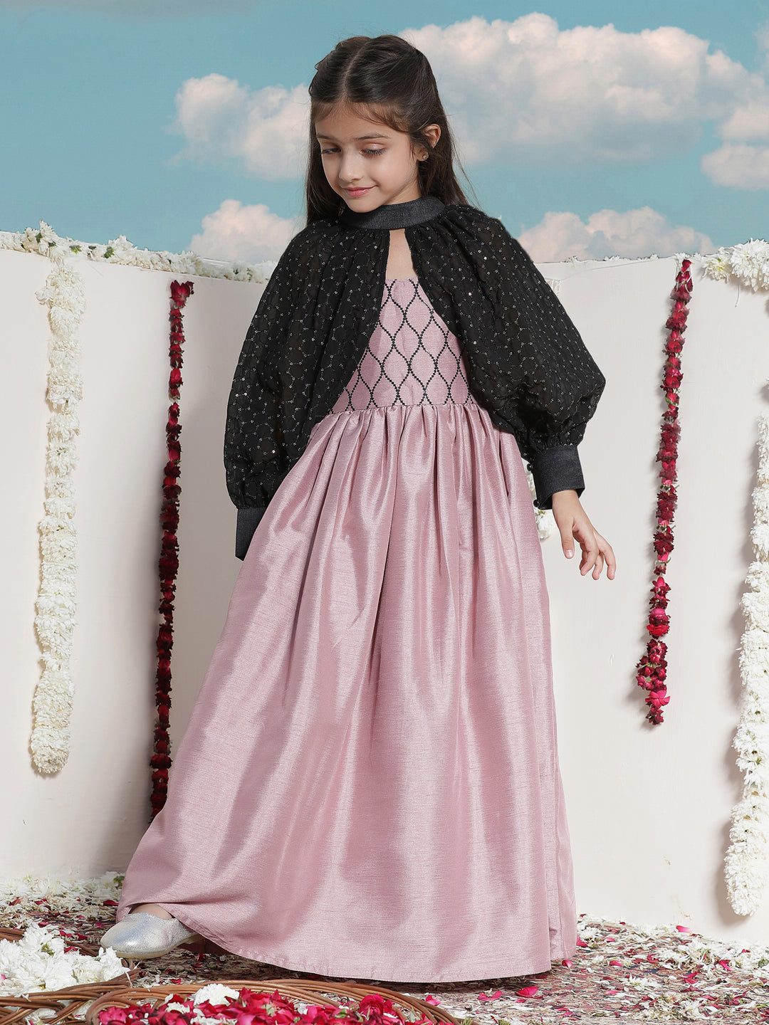Girl's' Pink Sequinced Long Dress With Detachable Cuff Sleeves