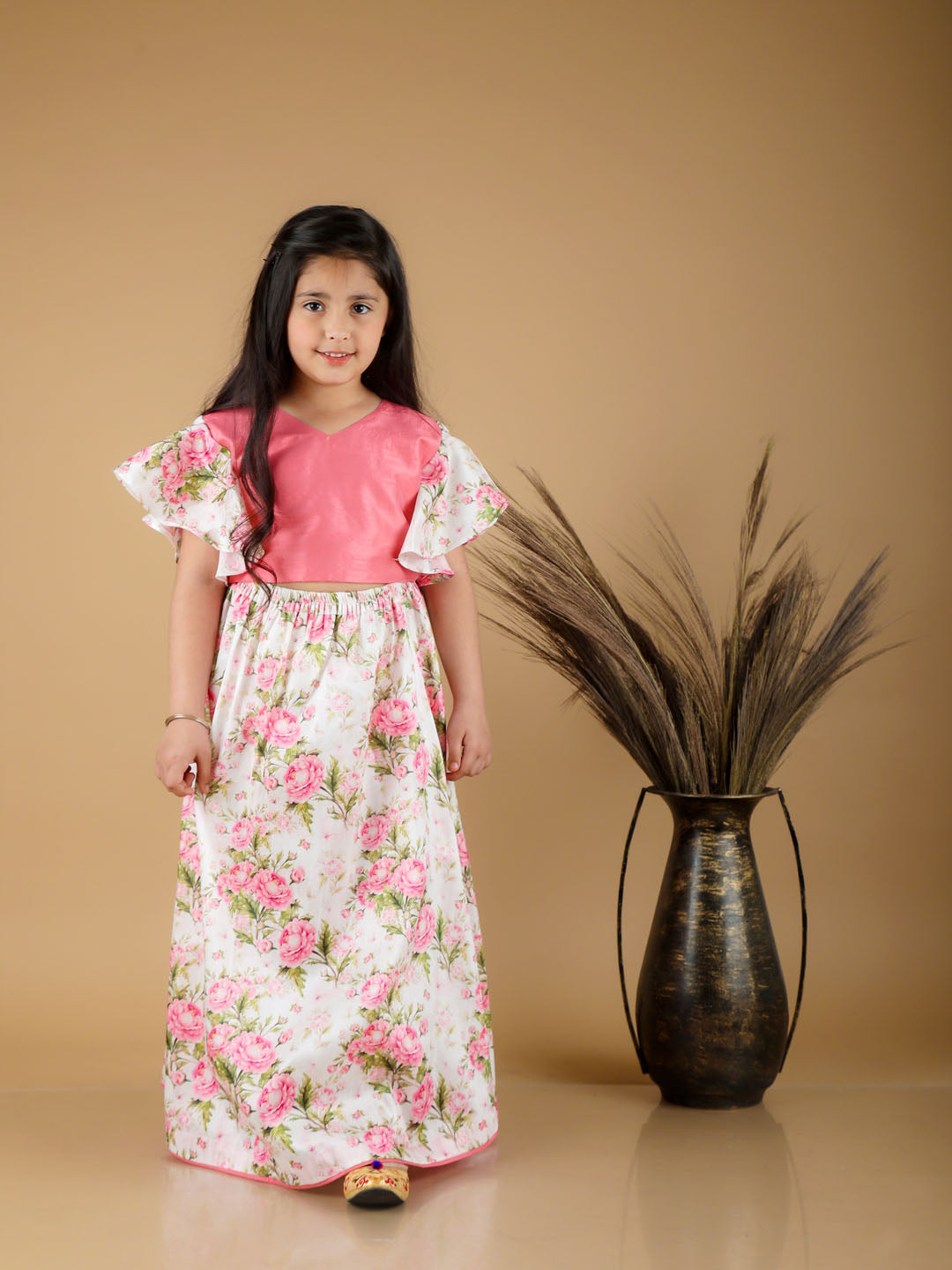Girl's Printed Skirt And Ruffle Crop Top Set