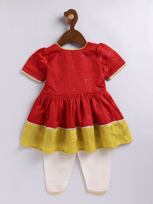 Girls' red and cream dhoti kurta set, view 3