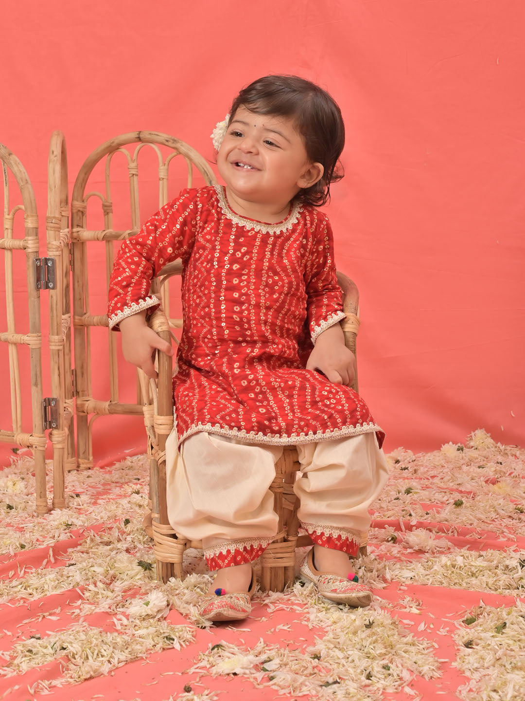 Girl's Red Bandhni Print Kurta And Patiala Set