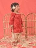 Girl's Red Bandhni Print Kurta And Patiala Set
