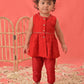 Girl's Red Cotton Flock And Dhoti Set