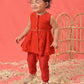 Girl's Red Cotton Flock And Dhoti Set