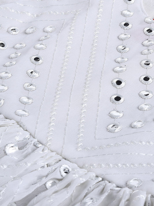 Girls' white mirror work kurta, view 3