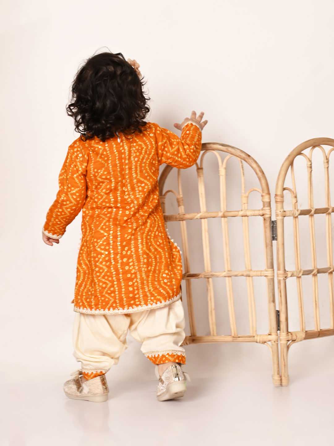 Girl's Yellow Bandhni Print Kurta And Patiala Set