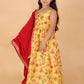Girl's Yellow Floral Print Anarkali Kurta With Dupatta