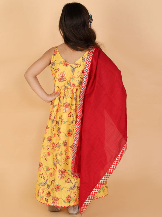 Girl's Yellow Floral Print Anarkali Kurta With Dupatta