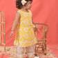 Girl's Yellow Ikaat Print A-Line Kurta Pyjama Set