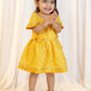 Girls Mustard Viscose Jacquard Dress Set with Floral Pattern