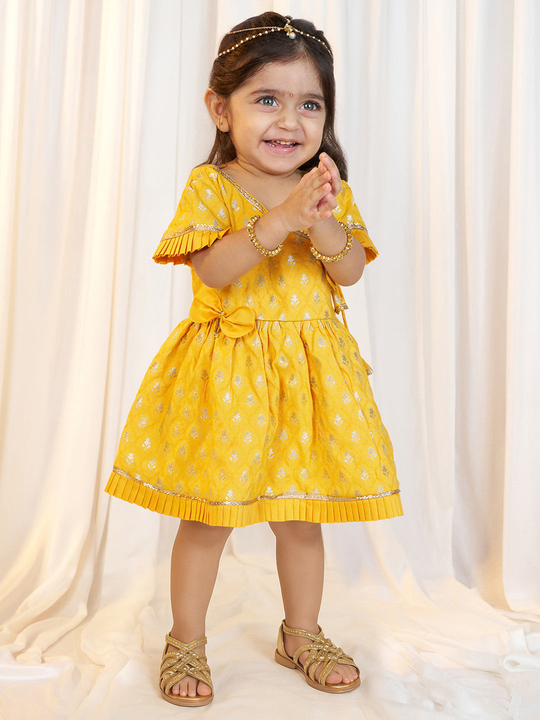 Girls Mustard Viscose Jacquard Dress Set with Floral Pattern