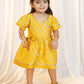 Girls Mustard Viscose Jacquard Dress Set with Floral Pattern