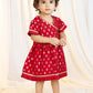 Girls Red Viscose Jacquard Dress Set with Floral Pattern