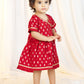 Girls Red Viscose Jacquard Dress Set with Floral Pattern