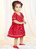 Girls Red Viscose Jacquard Ethnic Set with Floral Pattern