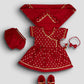 Girls Red Viscose Jacquard Ethnic Set with Floral Pattern