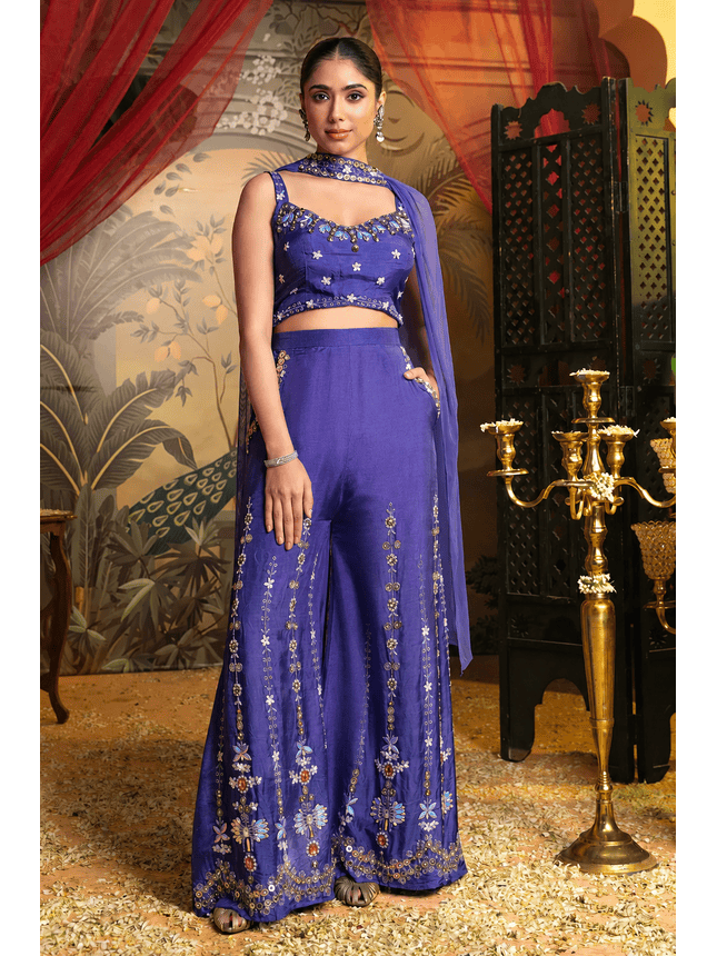 Purple Indo-Western Embroidered Palazzo Set with Dupatta