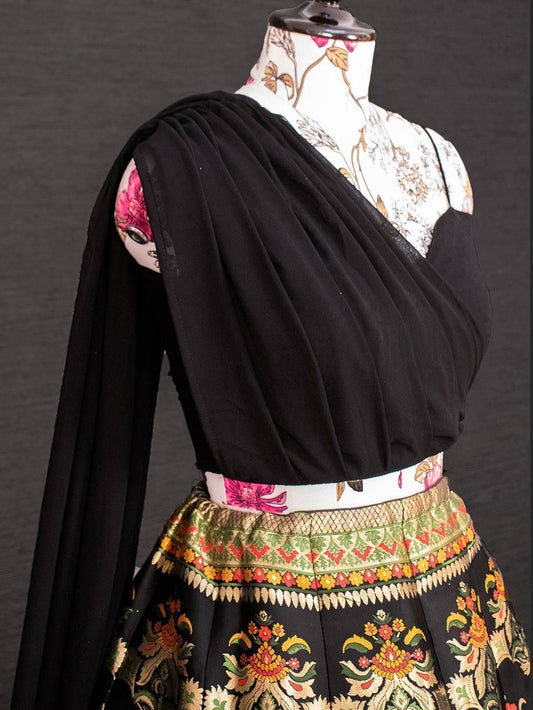 Impressive Black Banarasi Indo-Western Crop Top Lehenga