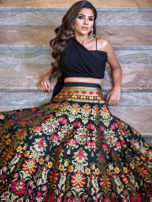 Impressive Black Banarasi Indo-Western Crop Top Lehenga