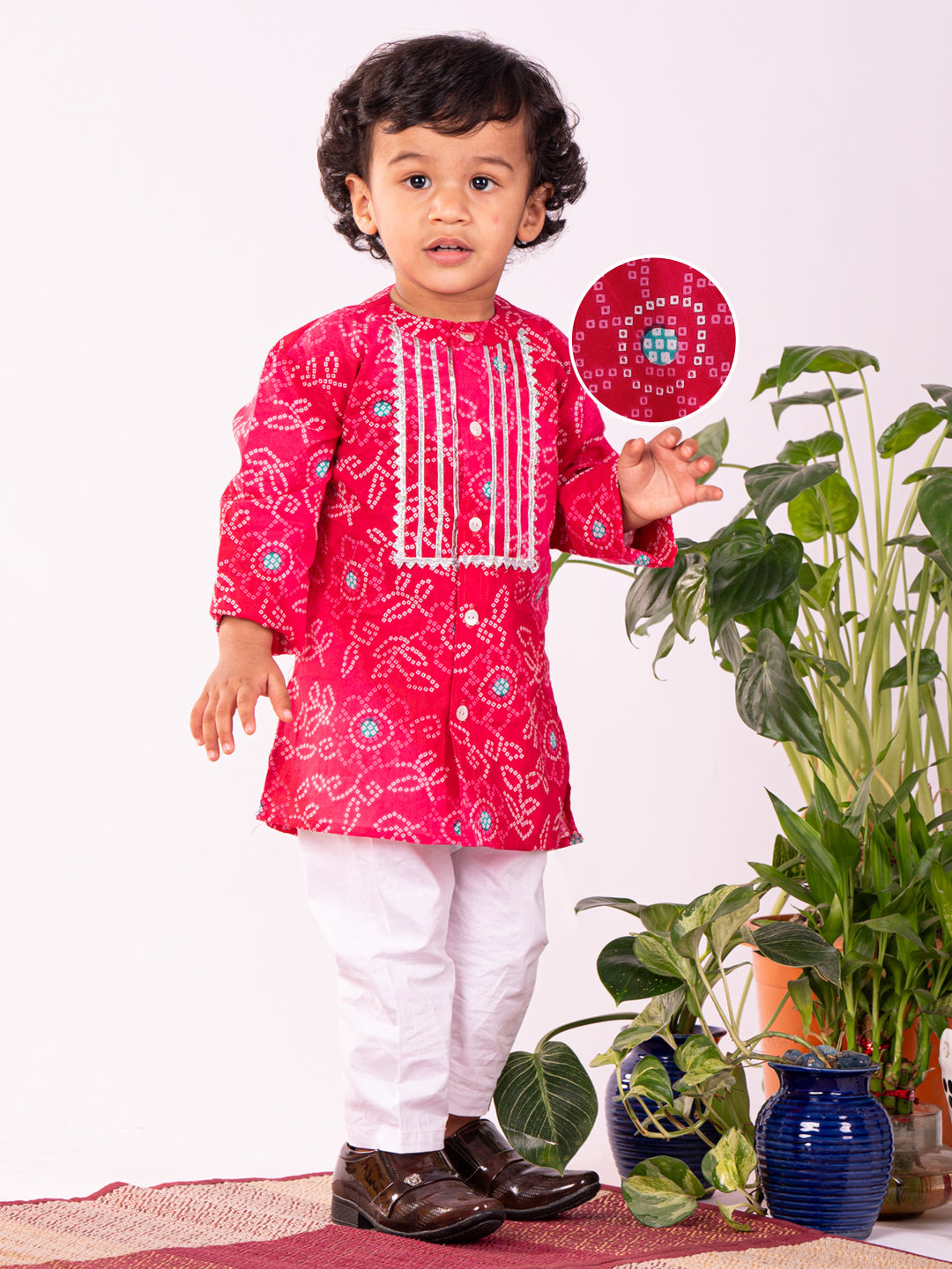 Infant Boy's Pink And White Cotton Kurta Pyjama Set