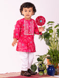 Infant Boy's Pink And White Cotton Kurta Pyjama Set