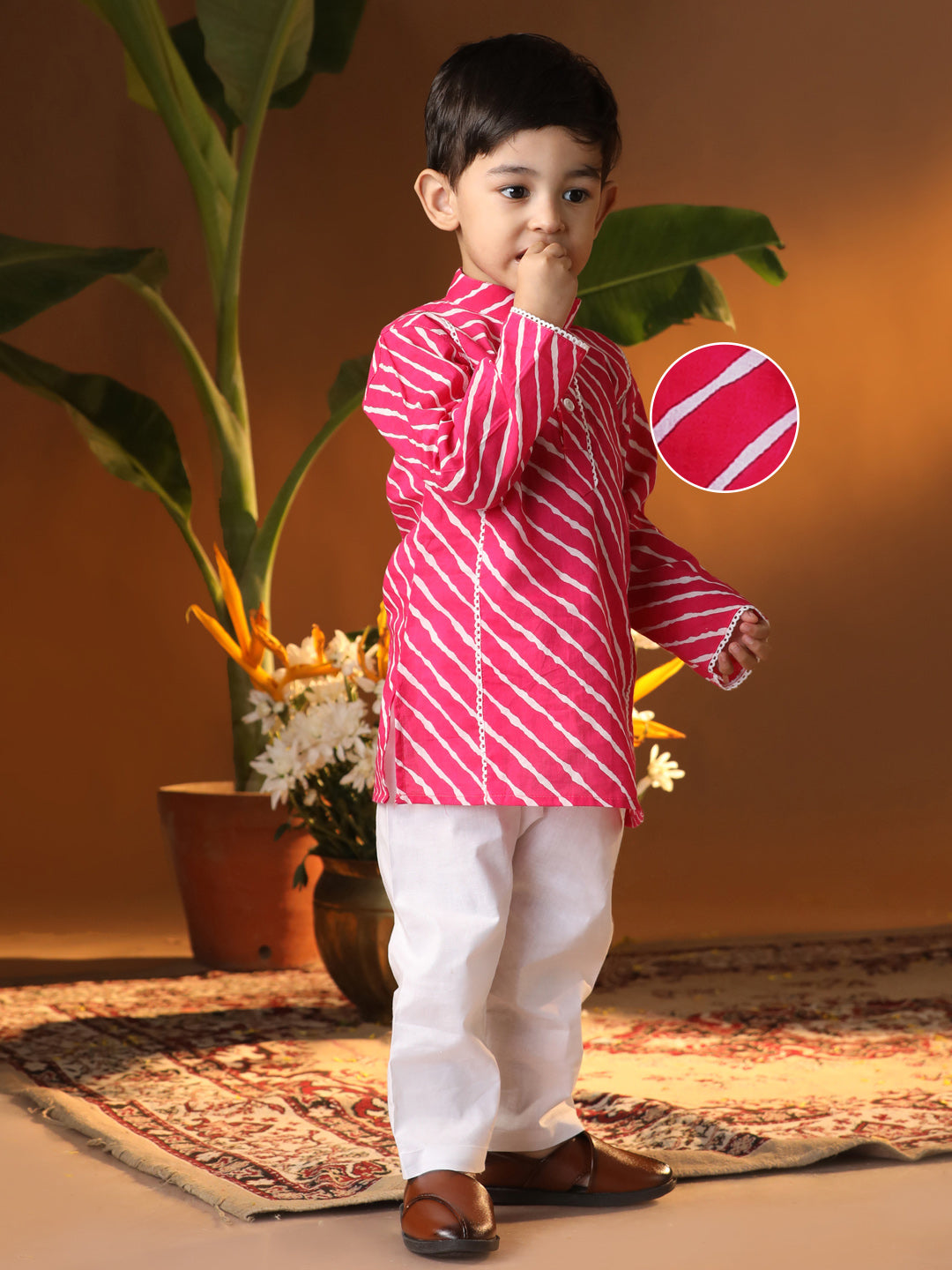 Infant Boy's Pink And White Cotton Kurta Pyjama Set