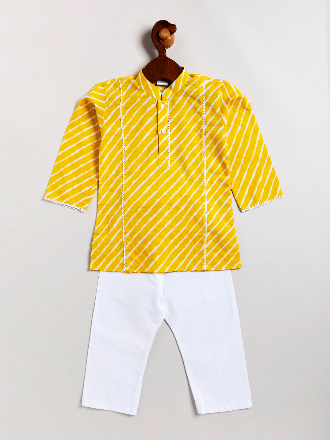 Infant Boy's Yellow And White Cotton Kurta Pyjama Set