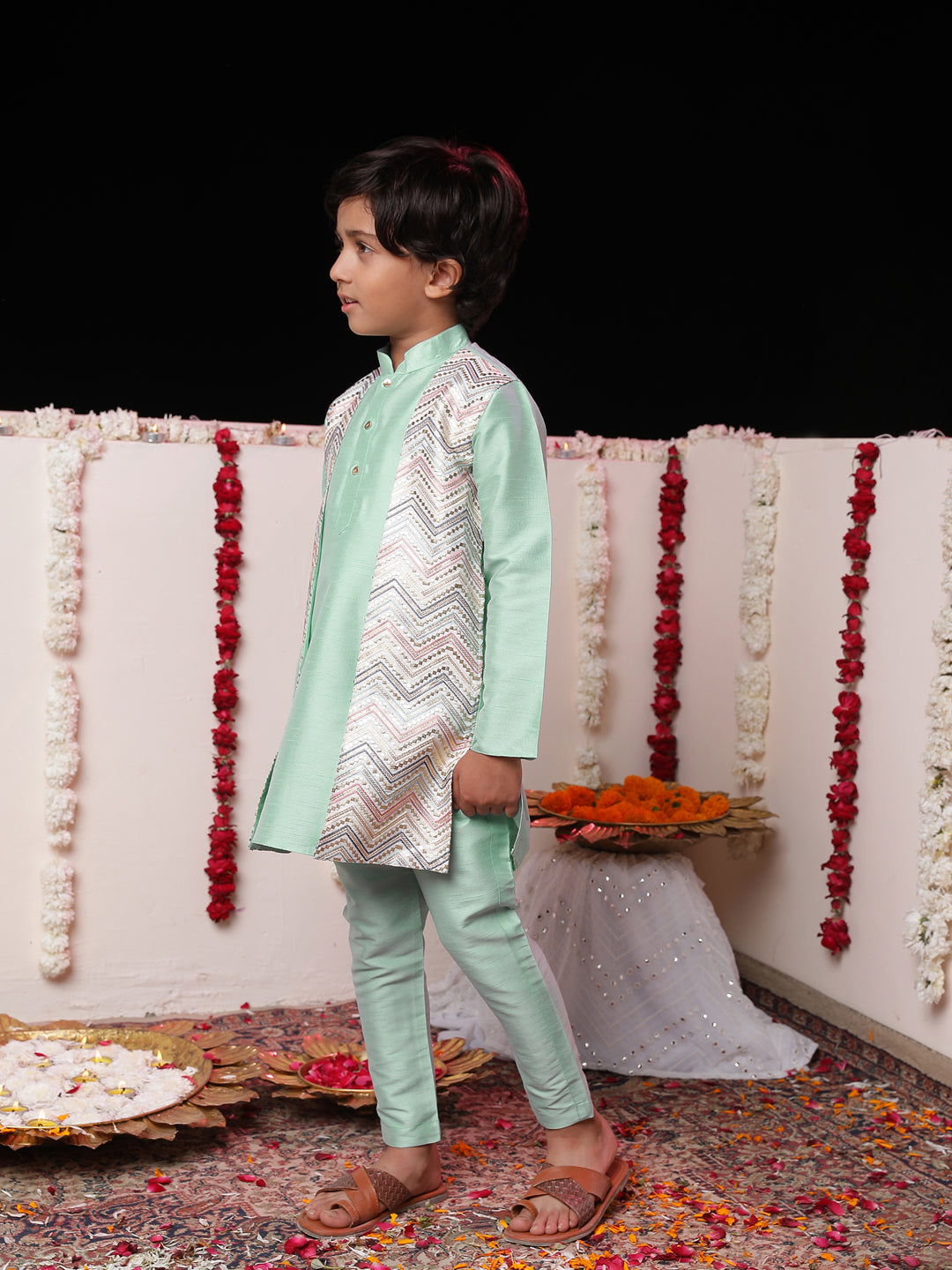 Boys' Mint Green Flap Kurta Pyjama Set
