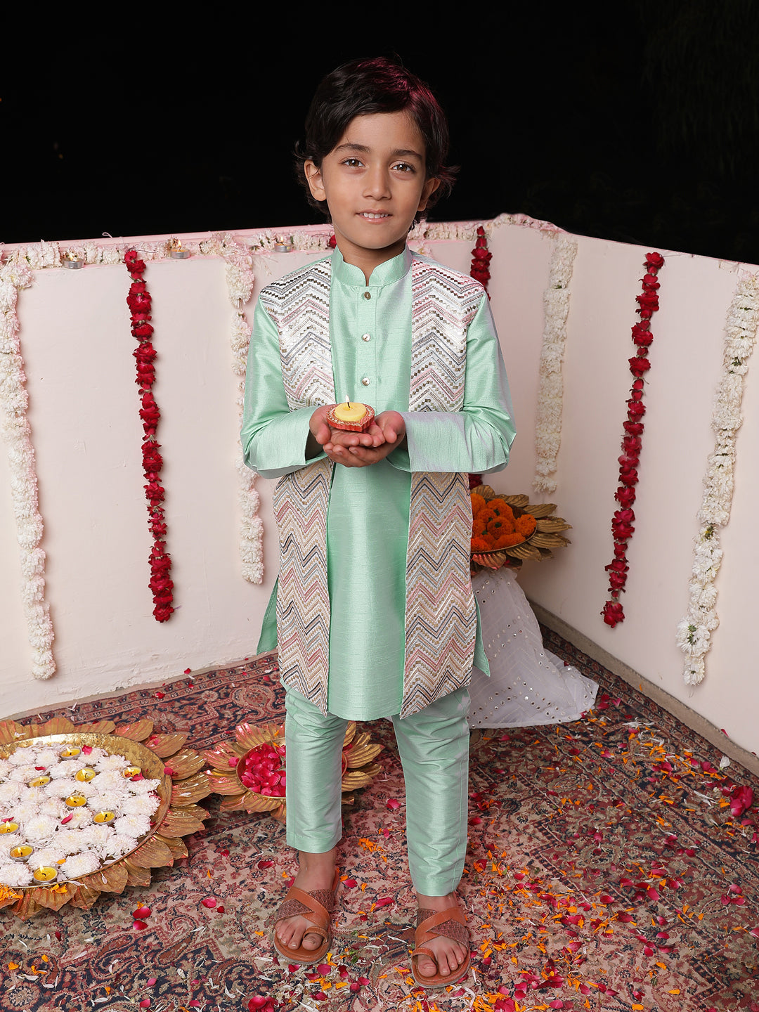 Boys' Mint Green Flap Kurta Pyjama Set