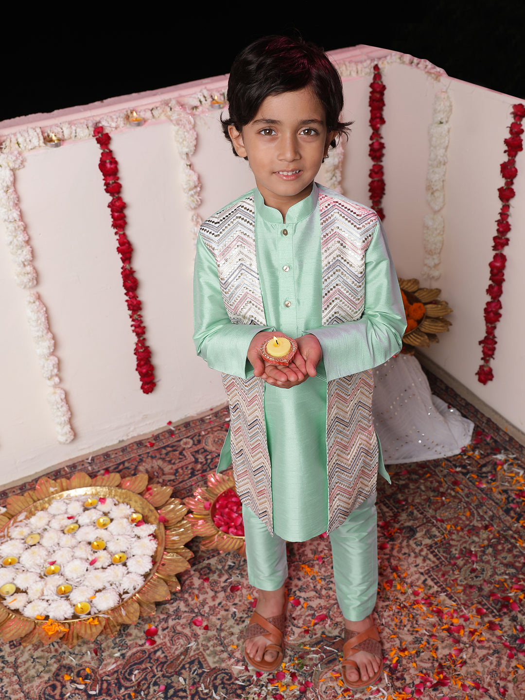 Boys' Mint Green Flap Kurta Pyjama Set