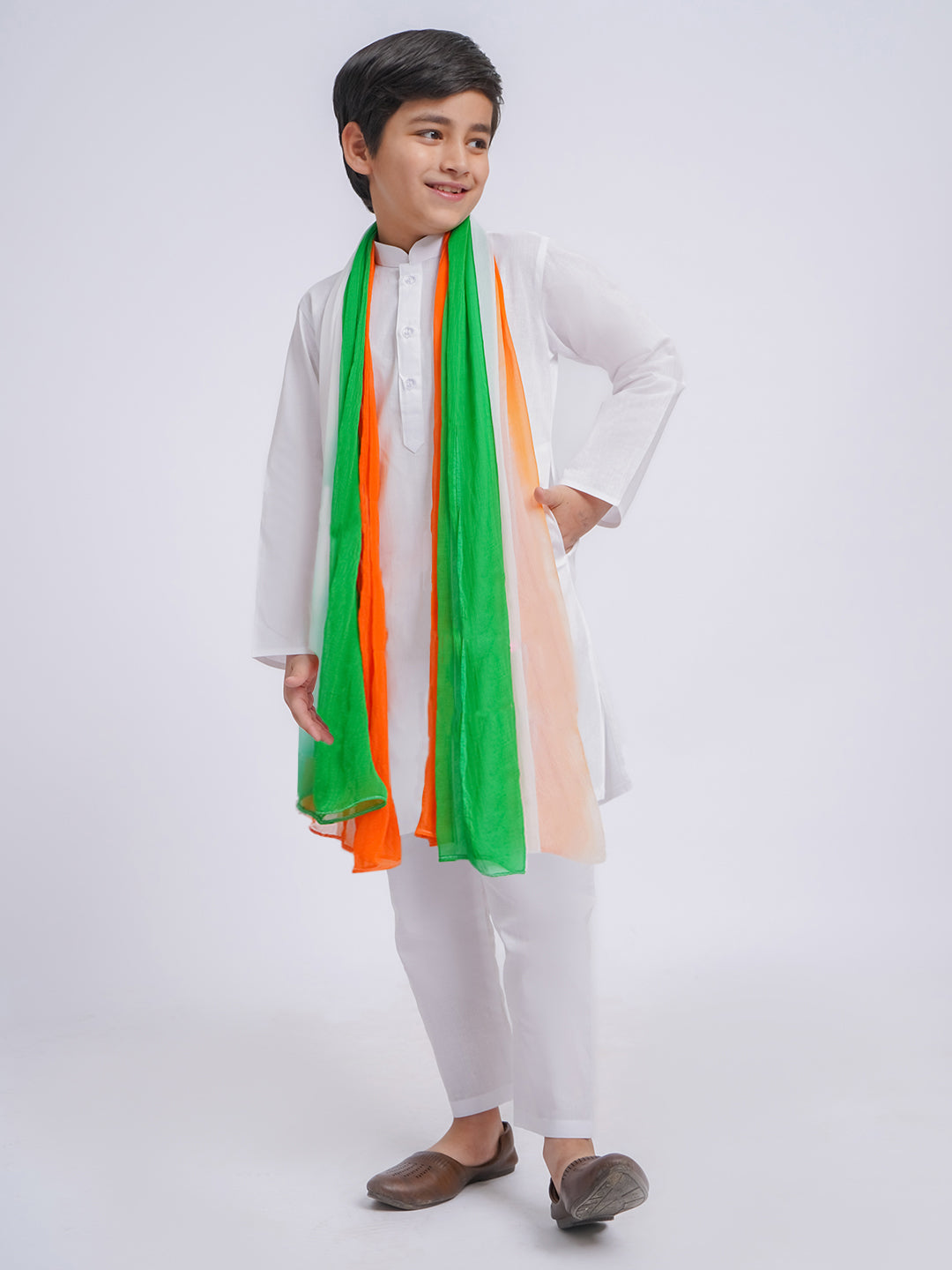 Boy's' White Pure Cotton Kurta, Pyjama & Dupatta Set