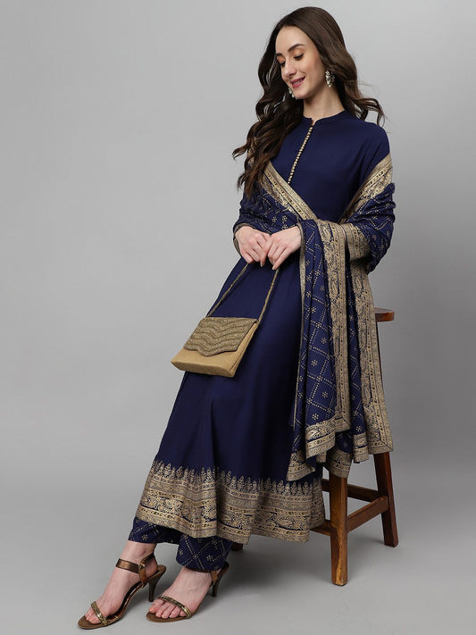 Women Blue Ethnic Motifs Printed Kurta with Palazzos & Dupatta