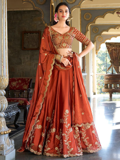 Attractive Orange Thread Embroidery Silk Wedding Wear Lehenga Choli
