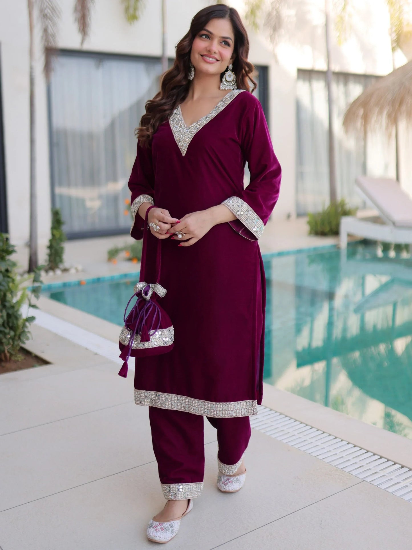 Wine Maroon Velvet Embellished Kurta Pant Set with Potli Festive & Wedding Wear for Women