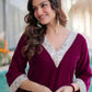 Wine Maroon Velvet Embellished Kurta Pant Set with Potli Festive & Wedding Wear for Women