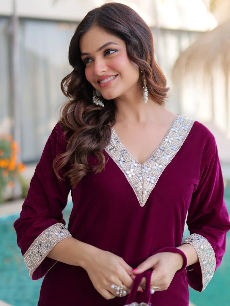 Wine Maroon Velvet Embellished Kurta Pant Set with Potli Festive & Wedding Wear for Women