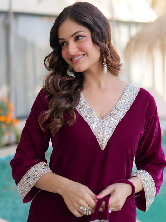 Wine Maroon Velvet Embellished Kurta Pant Set with Potli Festive & Wedding Wear for Women