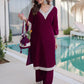 Wine Maroon Velvet Embellished Kurta Pant Set with Potli Festive & Wedding Wear for Women