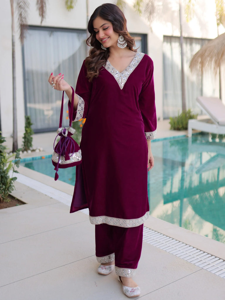 Wine Maroon Velvet Embellished Kurta Pant Set with Potli Festive & Wedding Wear for Women