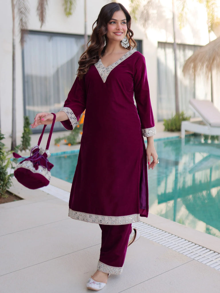 Wine Maroon Velvet Embellished Kurta Pant Set with Potli Festive & Wedding Wear for Women