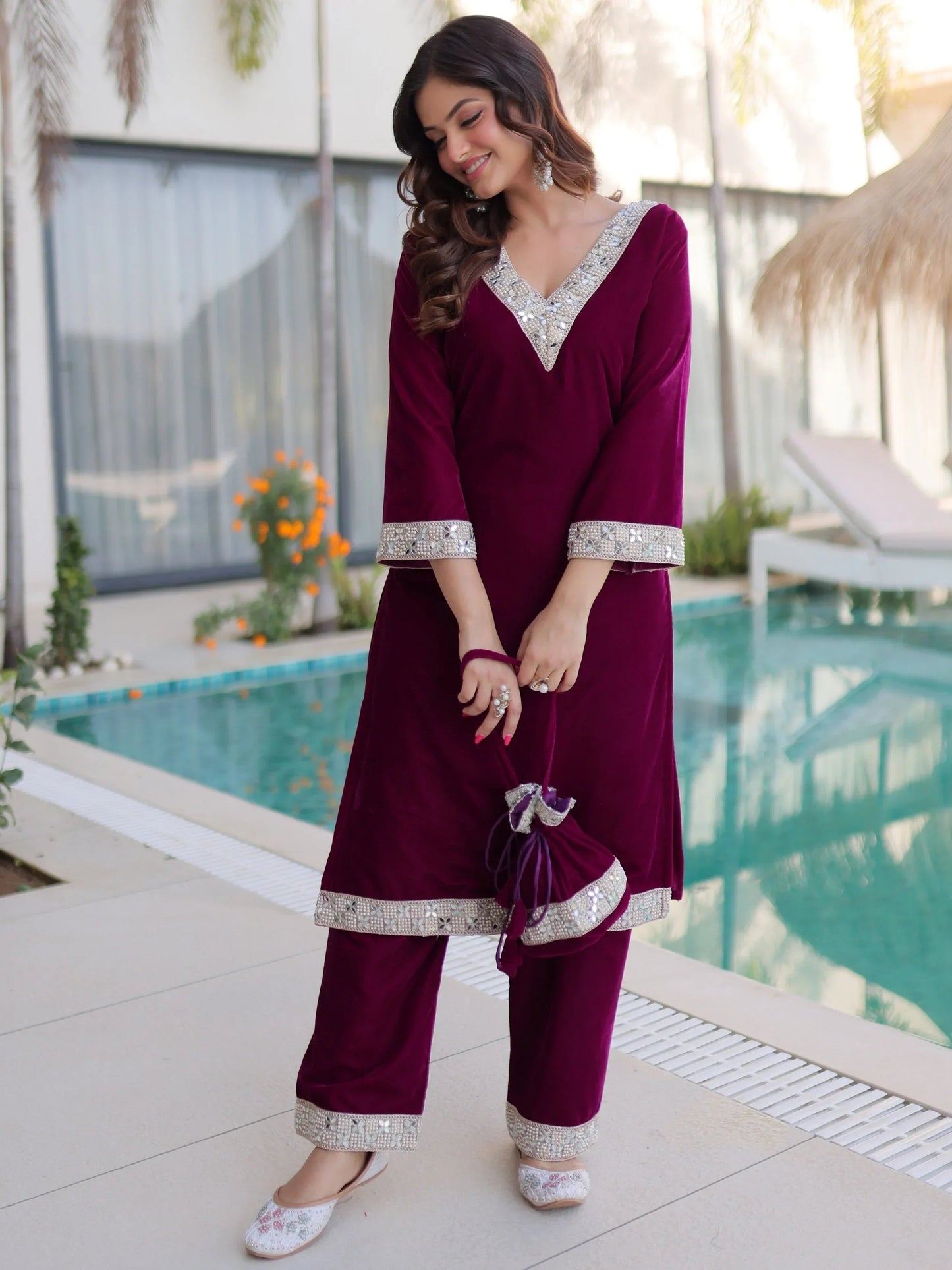 Wine Maroon Velvet Embellished Kurta Pant Set with Potli Festive & Wedding Wear for Women