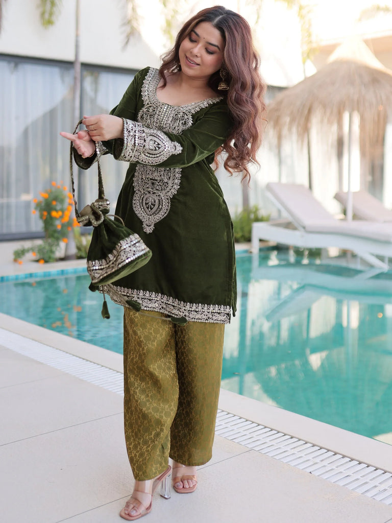 Olive Green Velvet Embroidered Kurta Pant Set with Potli Bag Festive & Wedding Wear for Women
