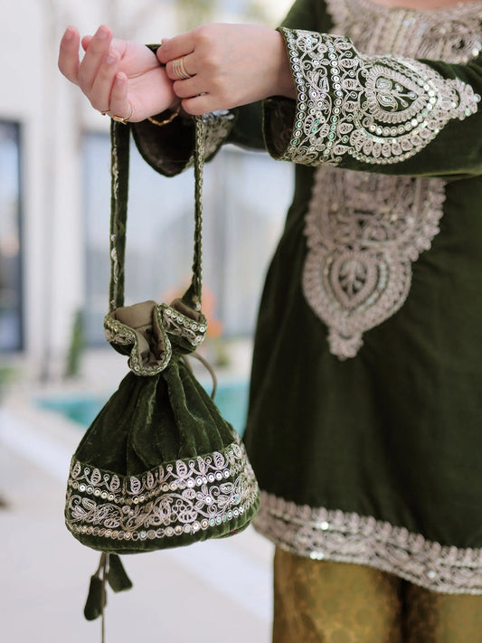 Olive Green Velvet Embroidered Kurta Pant Set with Potli Bag Festive & Wedding Wear for Women