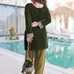 Olive Green Velvet Embroidered Kurta Pant Set with Potli Bag Festive & Wedding Wear for Women