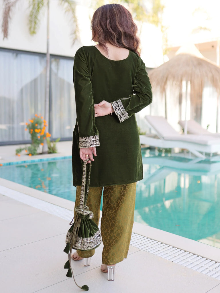 Olive Green Velvet Embroidered Kurta Pant Set with Potli Bag Festive & Wedding Wear for Women