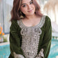 Olive Green Velvet Embroidered Kurta Pant Set with Potli Bag Festive & Wedding Wear for Women