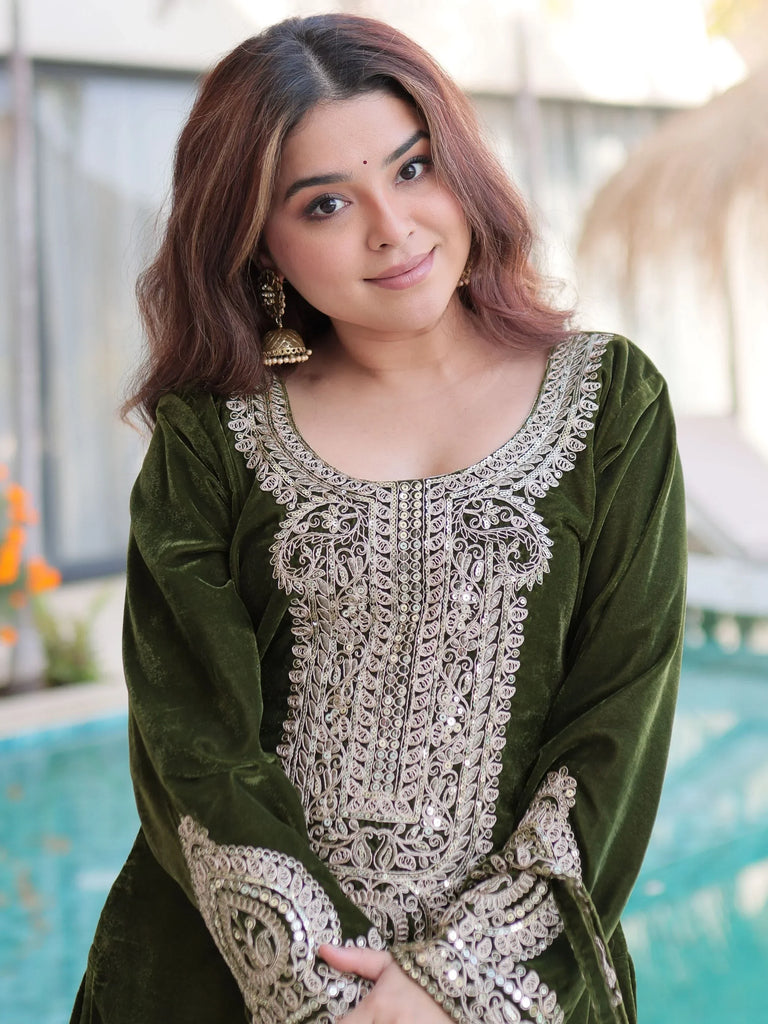 Olive Green Velvet Embroidered Kurta Pant Set with Potli Bag Festive & Wedding Wear for Women