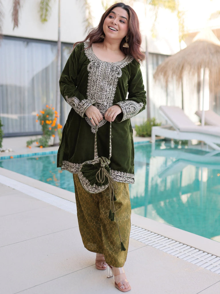 Olive Green Velvet Embroidered Kurta Pant Set with Potli Bag Festive & Wedding Wear for Women