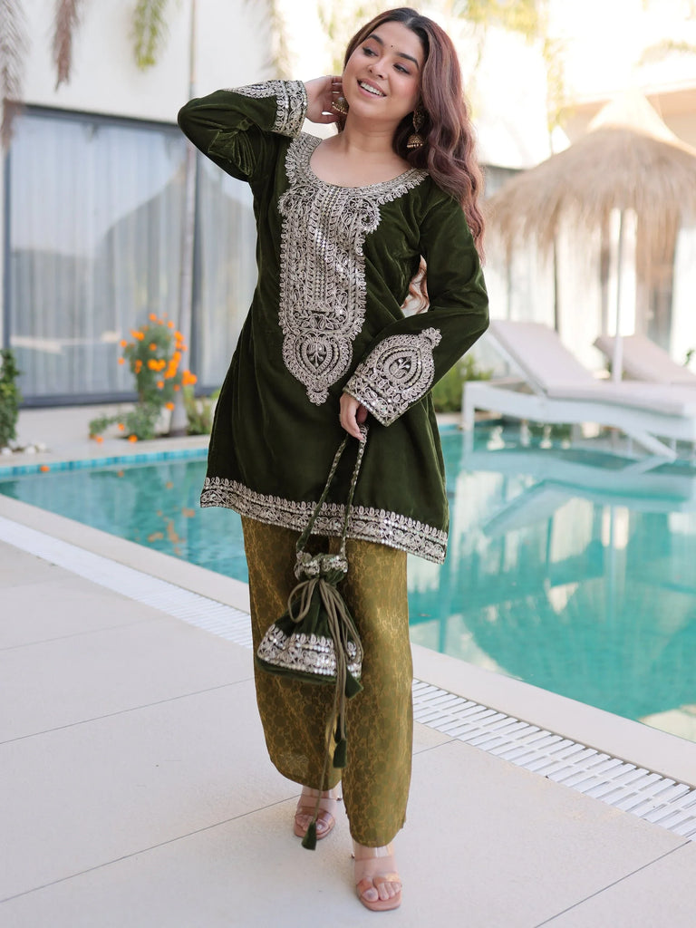 Olive Green Velvet Embroidered Kurta Pant Set with Potli Bag Festive & Wedding Wear for Women