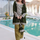 Olive Green Velvet Embroidered Kurta Pant Set with Potli Bag Festive & Wedding Wear for Women
